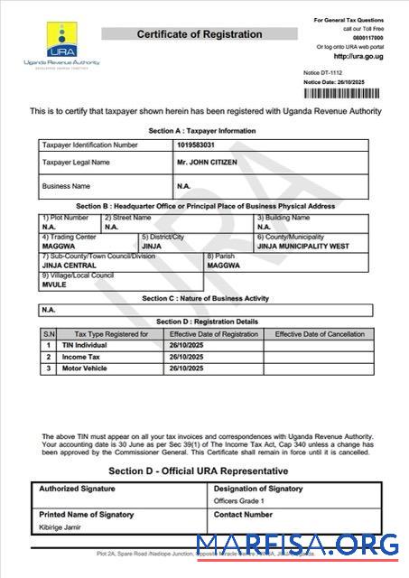 Blank Uganda certificate of taxpayer registration Word and PDF template